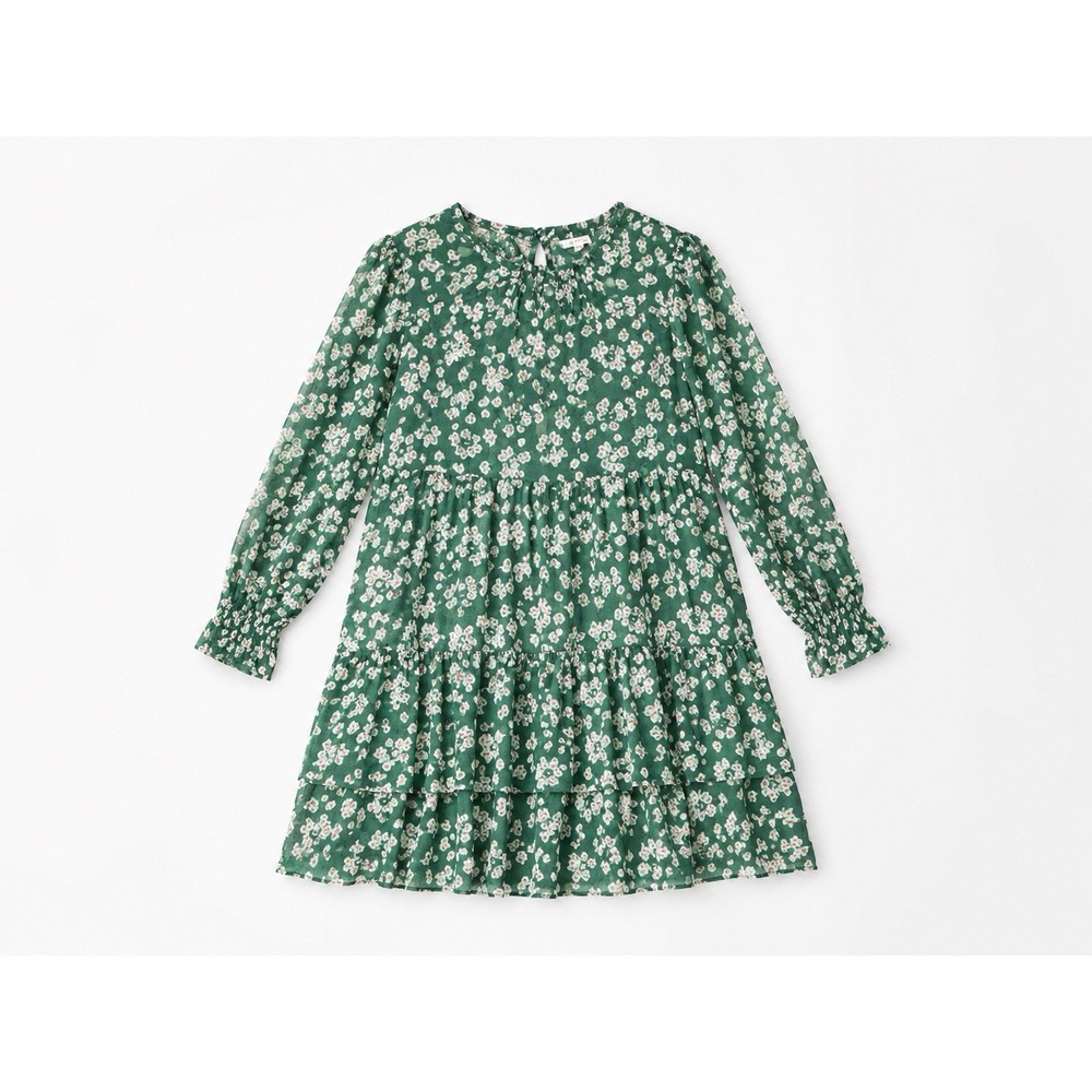 Jodifl Floral Green Tiered Long Sleeve Dress With Ruffled Neck Medium